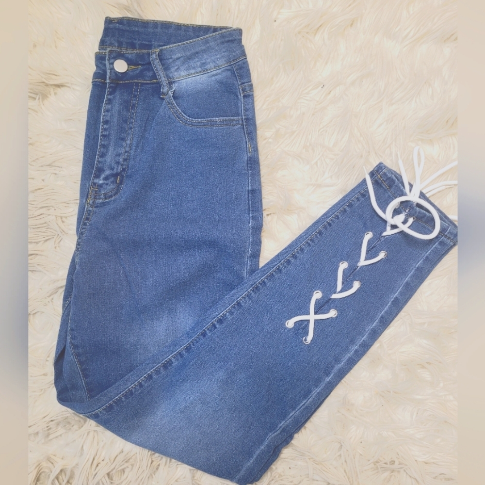 Marysol.Boutique Pants Blue Ankle Lace Up Jeans Women's